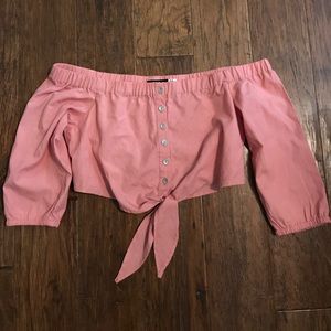 Urban Outfitters Tie Front Off Shoulder Crop Top.